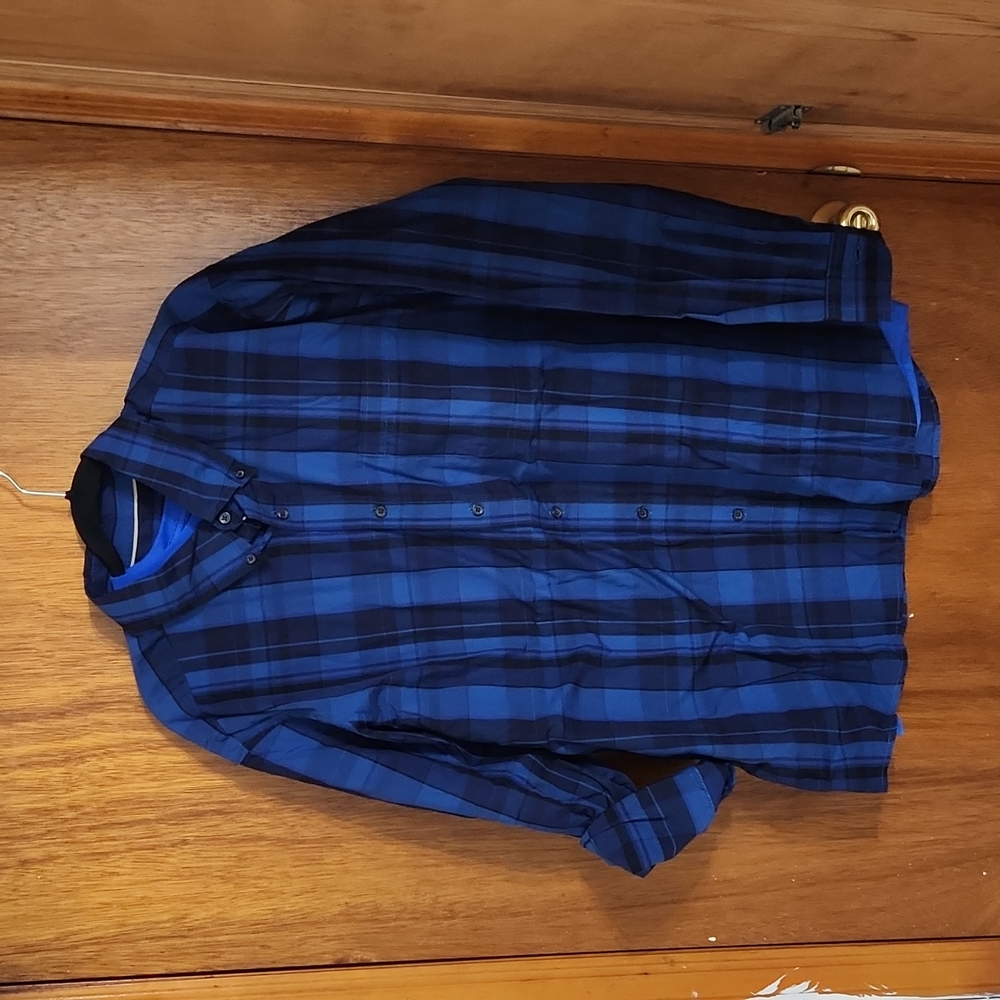 Men's XL Navy Plaid Button Down Shirt & Undershirt